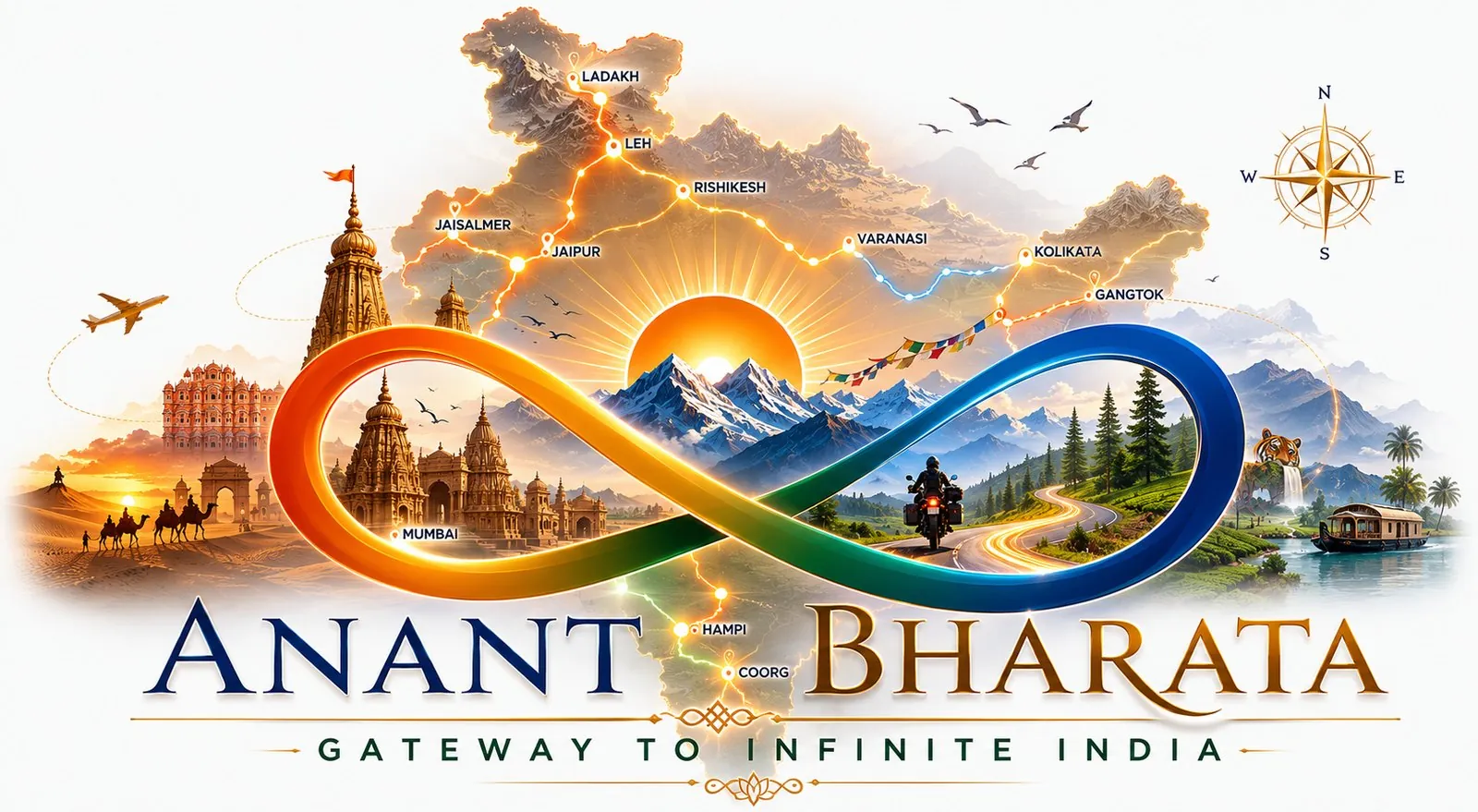 Anant Bharata — Gateway to Infinite India: a map of India woven through an infinity ribbon of temples, mountains, wildlife and backwaters